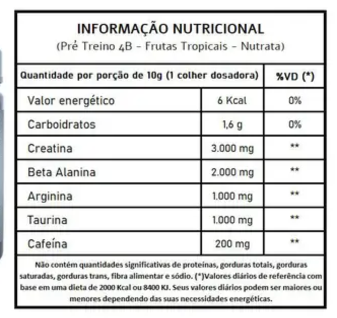 Nutrata Pré Treino 4B 300g - Sabor Açaí